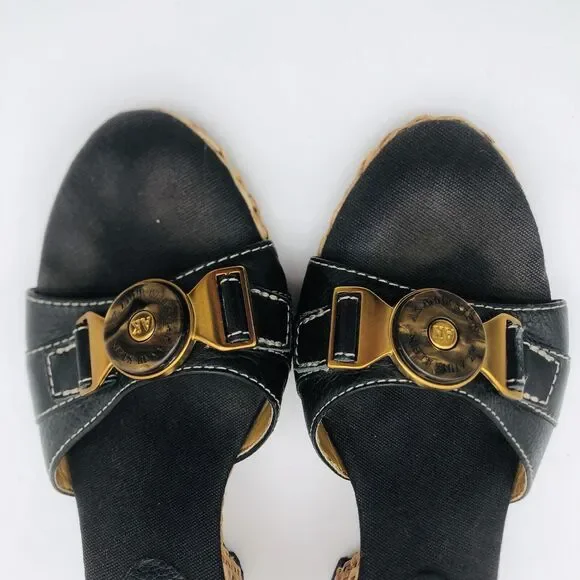 Anne Klein Wedge Sandal 7.5 Black Leather Straw Women AKHagan - Picture 11 of 15